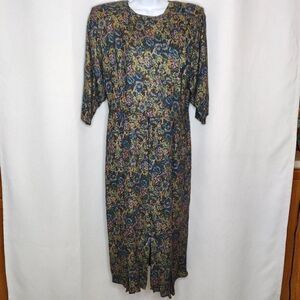 Vintage 80s Dress Fall Floral Work Career Sz 14 Ruffle Gold Teal Blue Purple